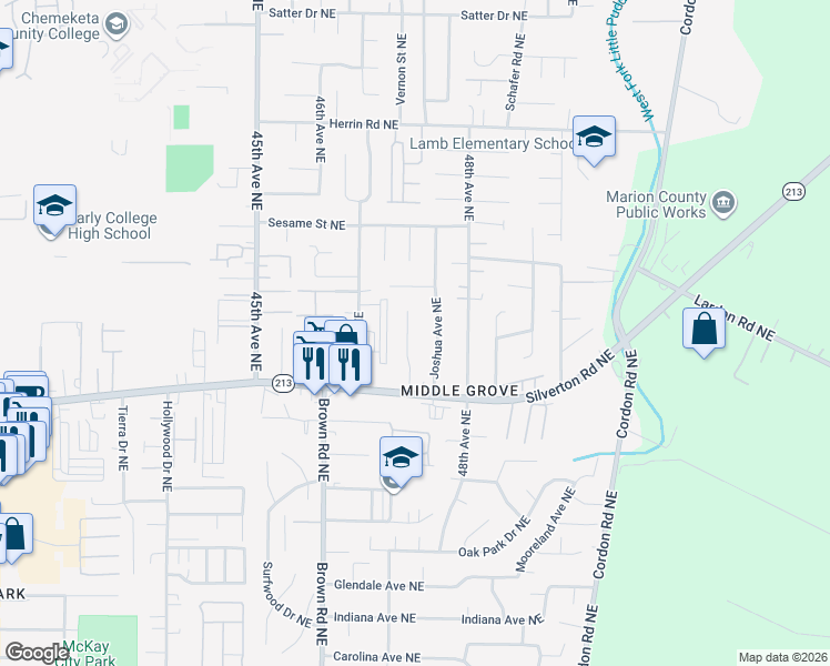 map of restaurants, bars, coffee shops, grocery stores, and more near 3638 Carmelle Court Northeast in Salem