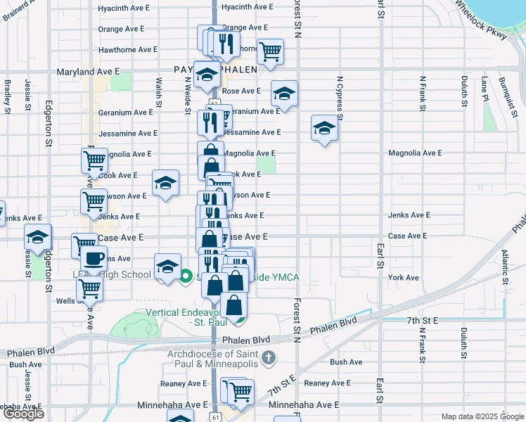 map of restaurants, bars, coffee shops, grocery stores, and more near 885 Jenks Avenue East in Saint Paul