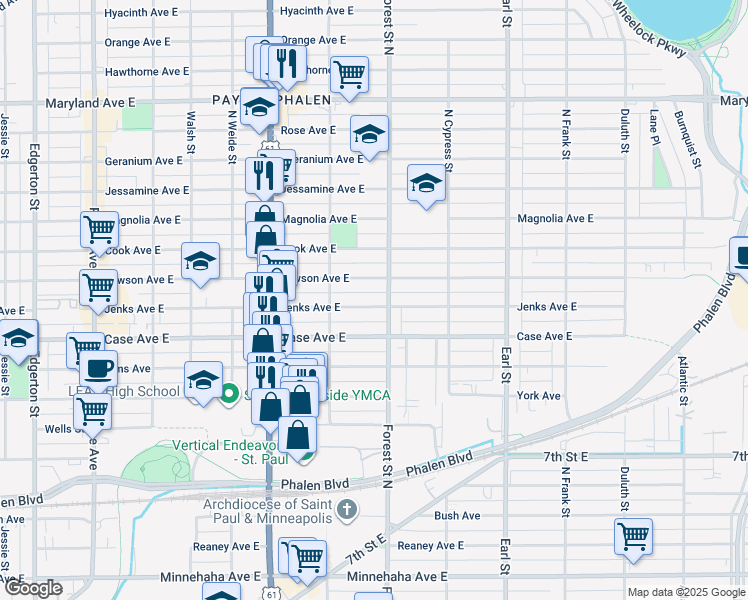 map of restaurants, bars, coffee shops, grocery stores, and more near 923 Jenks Avenue East in Saint Paul