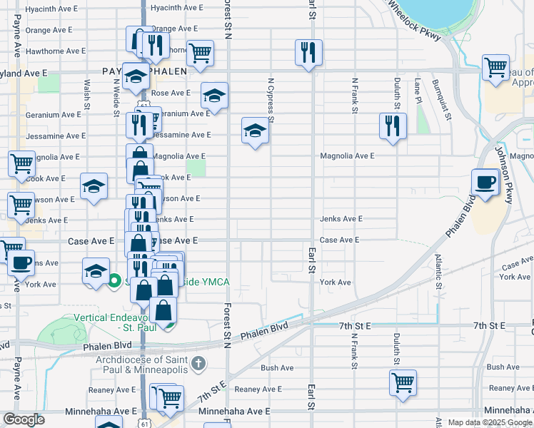 map of restaurants, bars, coffee shops, grocery stores, and more near 995 North Cypress Street in Saint Paul