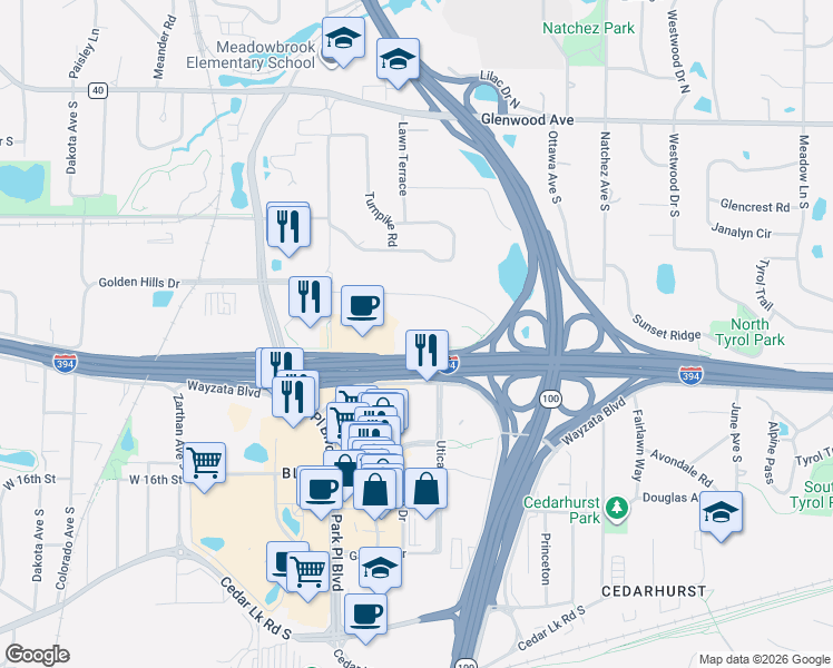 map of restaurants, bars, coffee shops, grocery stores, and more near 5100 Wayzata Boulevard in Golden Valley