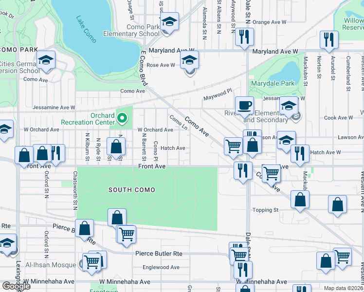 map of restaurants, bars, coffee shops, grocery stores, and more near 1004 North Jameson Street in Saint Paul