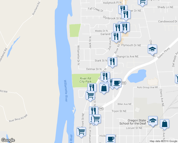 map of restaurants, bars, coffee shops, grocery stores, and more near 522 Delmar Drive North in Salem