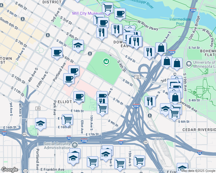 map of restaurants, bars, coffee shops, grocery stores, and more near 1010 South 7th Street in Minneapolis