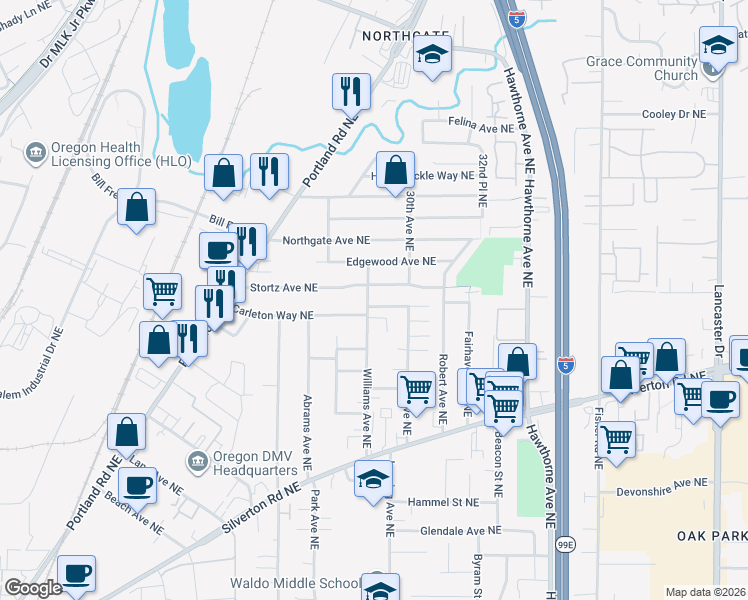 map of restaurants, bars, coffee shops, grocery stores, and more near 2523 Carleton Way Northeast in Salem
