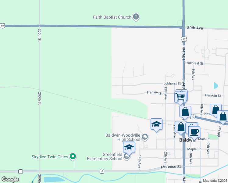 map of restaurants, bars, coffee shops, grocery stores, and more near 1570 Franklin St in Baldwin