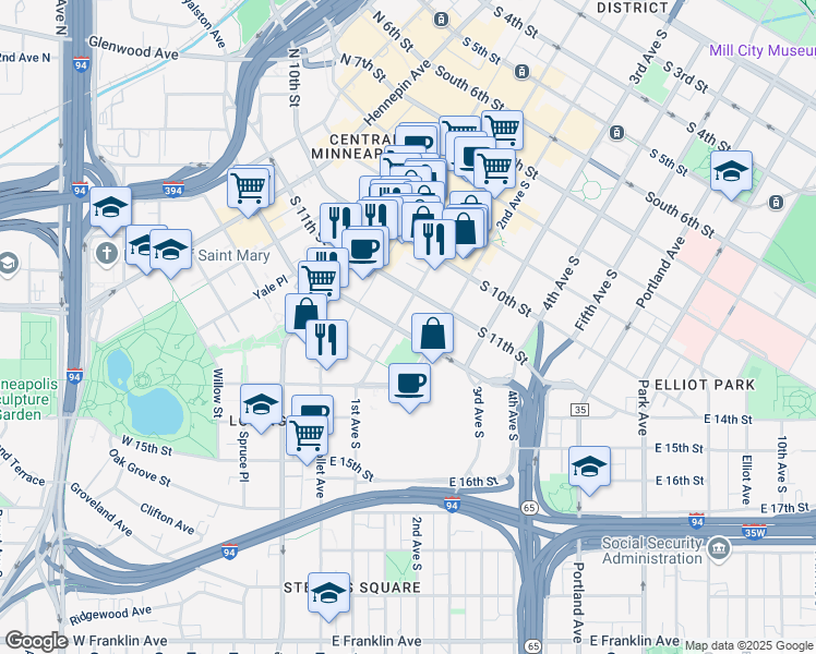 map of restaurants, bars, coffee shops, grocery stores, and more near 1125 South Marquette Avenue in Minneapolis