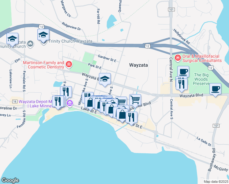 map of restaurants, bars, coffee shops, grocery stores, and more near 715 Rice Street East in Wayzata