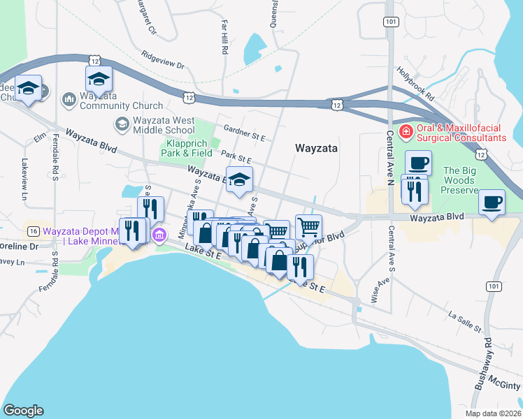map of restaurants, bars, coffee shops, grocery stores, and more near 715 Rice Street East in Wayzata