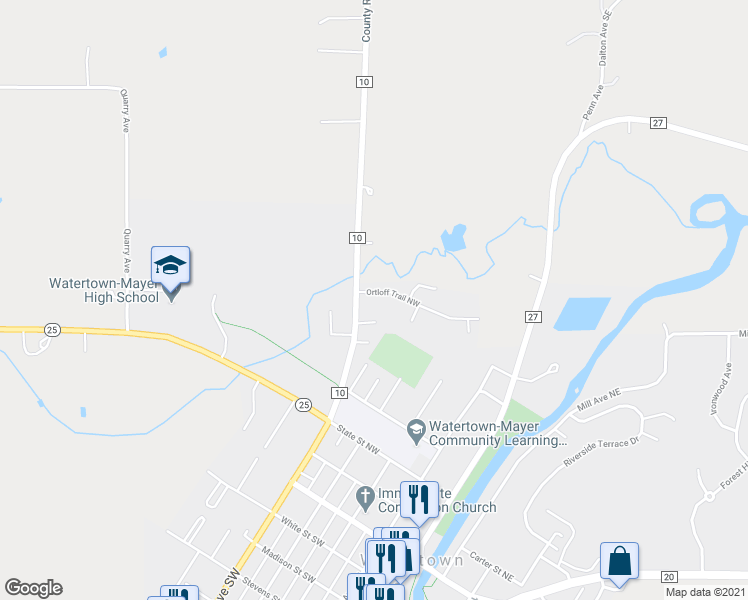 map of restaurants, bars, coffee shops, grocery stores, and more near 416 Ortloff Trail Northwest in Watertown