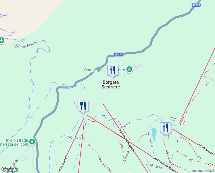 map of restaurants, bars, coffee shops, grocery stores, and more near in Borgata Sestriere