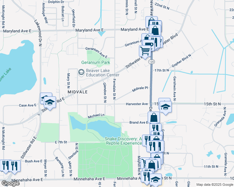map of restaurants, bars, coffee shops, grocery stores, and more near 1000 Ferndale Street North in Maplewood