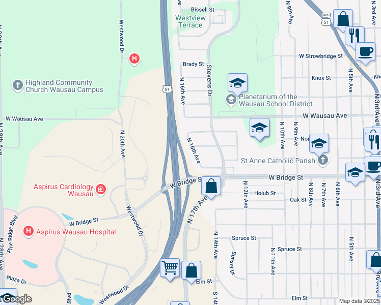 map of restaurants, bars, coffee shops, grocery stores, and more near 634 N 16th Ave in Wausau