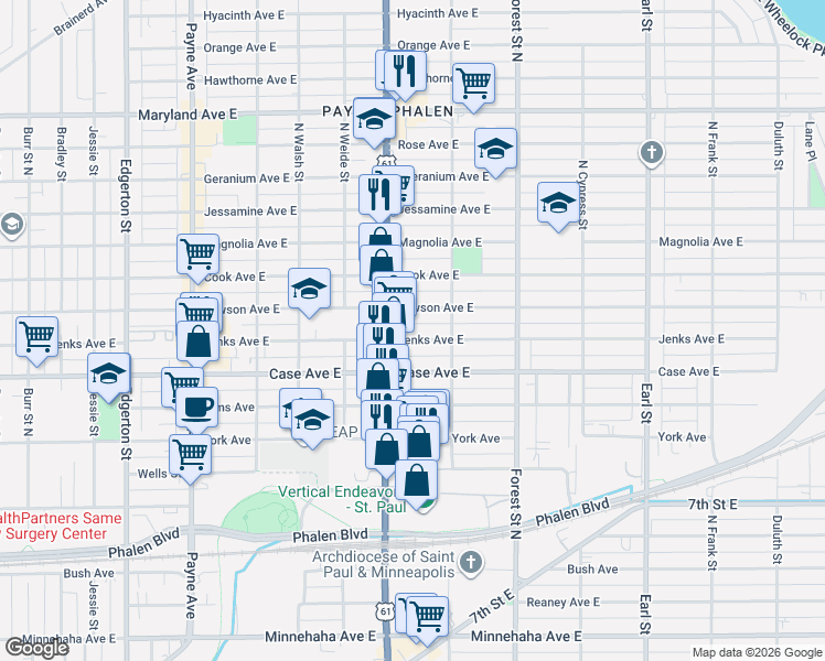 map of restaurants, bars, coffee shops, grocery stores, and more near 851 Jenks Avenue East in Saint Paul
