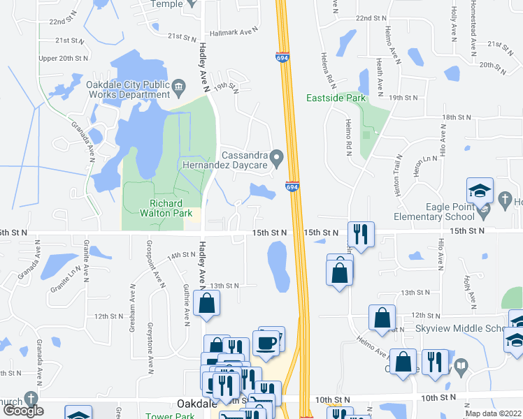 map of restaurants, bars, coffee shops, grocery stores, and more near 1565 Hallmark Avenue North in Oakdale