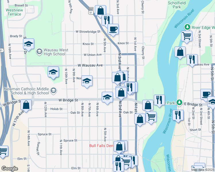 map of restaurants, bars, coffee shops, grocery stores, and more near 711 North 5th Avenue in Wausau