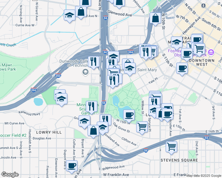 map of restaurants, bars, coffee shops, grocery stores, and more near 1639 Hennepin Avenue in Minneapolis