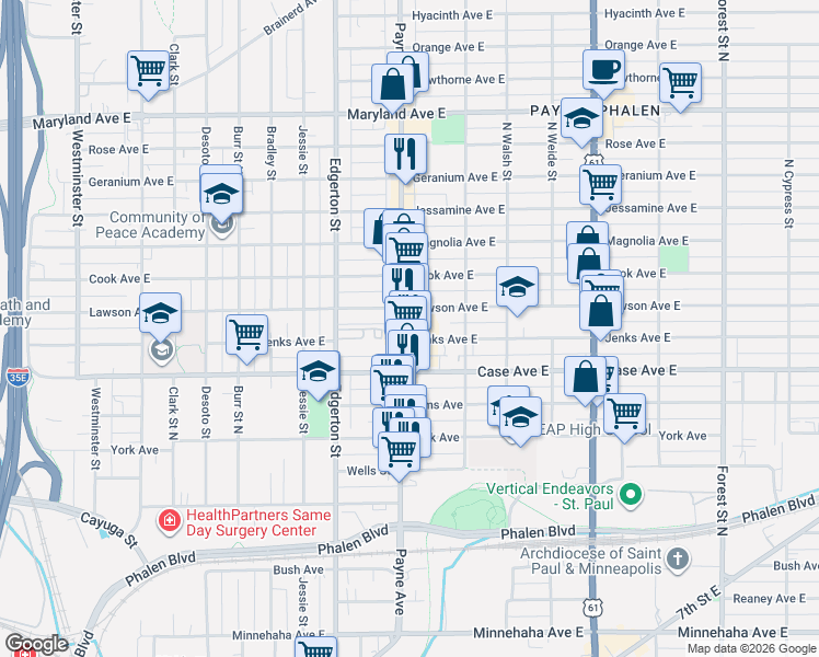 map of restaurants, bars, coffee shops, grocery stores, and more near 1002 Payne Avenue in Saint Paul