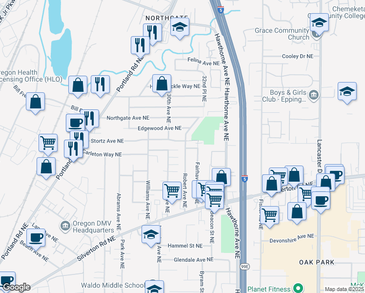 map of restaurants, bars, coffee shops, grocery stores, and more near 3545 Robert Avenue Northeast in Salem