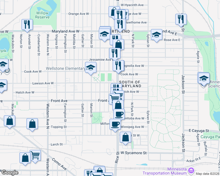 map of restaurants, bars, coffee shops, grocery stores, and more near 1011 County Road 49 in Saint Paul