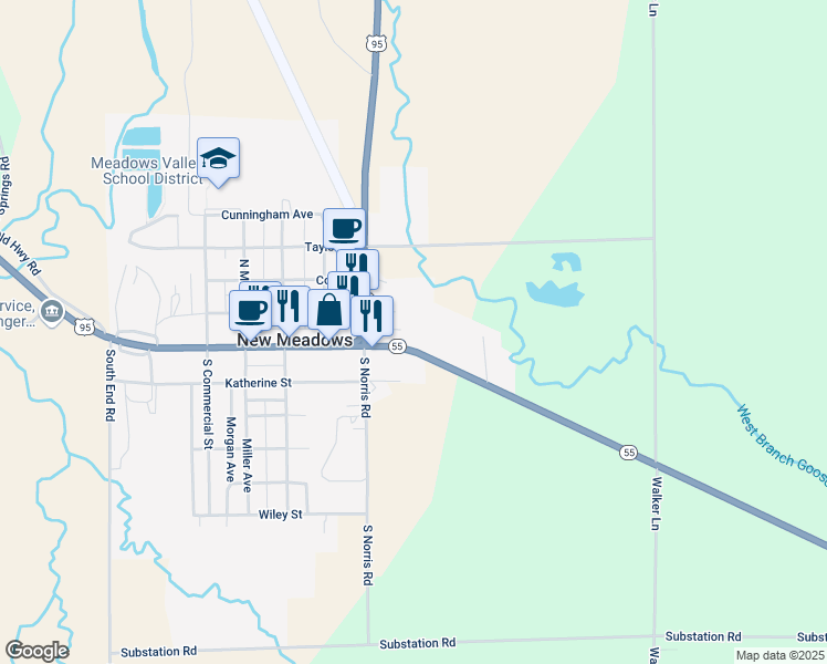 map of restaurants, bars, coffee shops, grocery stores, and more near 520 Virginia Street in New Meadows