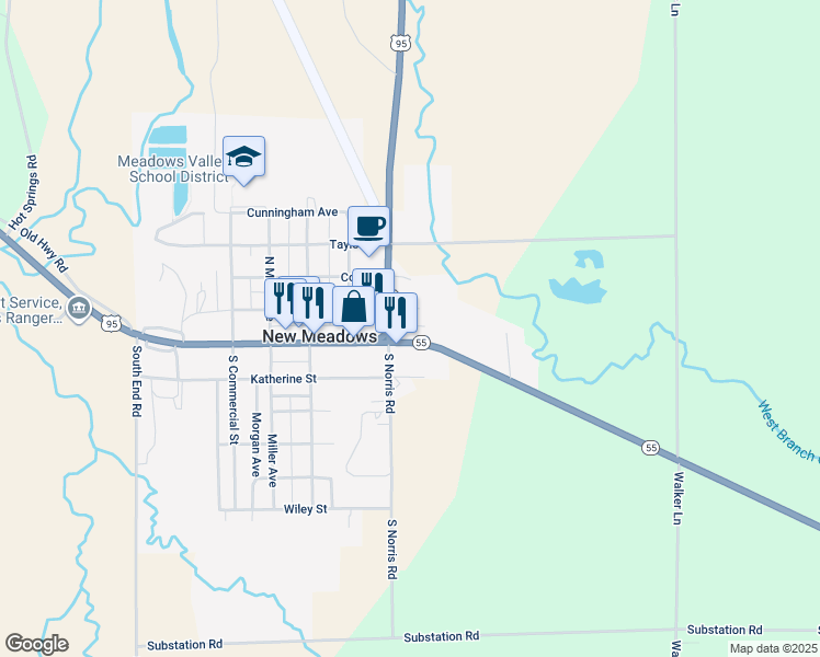 map of restaurants, bars, coffee shops, grocery stores, and more near 520 Virginia Street in New Meadows
