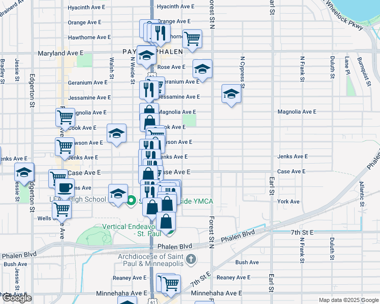 map of restaurants, bars, coffee shops, grocery stores, and more near 885 Jenks Avenue East in Saint Paul