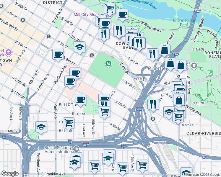 map of restaurants, bars, coffee shops, grocery stores, and more near 1107 South 6th Street in Minneapolis