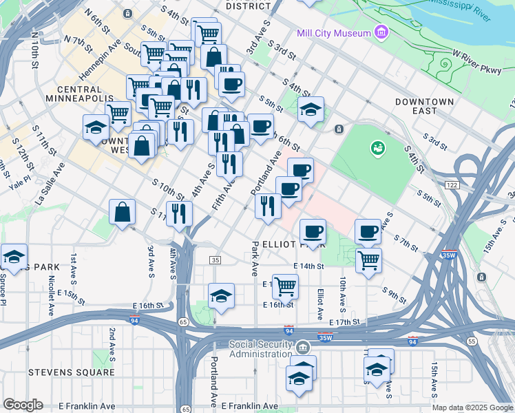 map of restaurants, bars, coffee shops, grocery stores, and more near in Minneapolis
