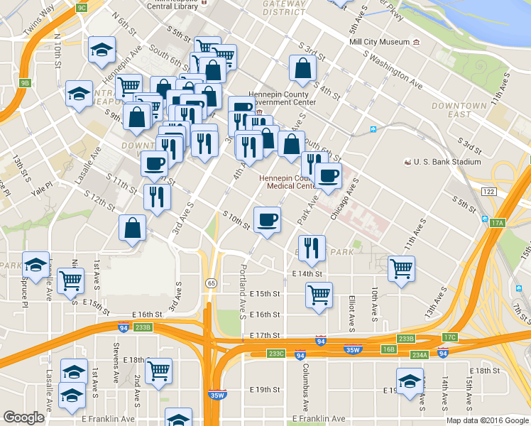 map of restaurants, bars, coffee shops, grocery stores, and more near 917 Fifth Avenue South in Minneapolis