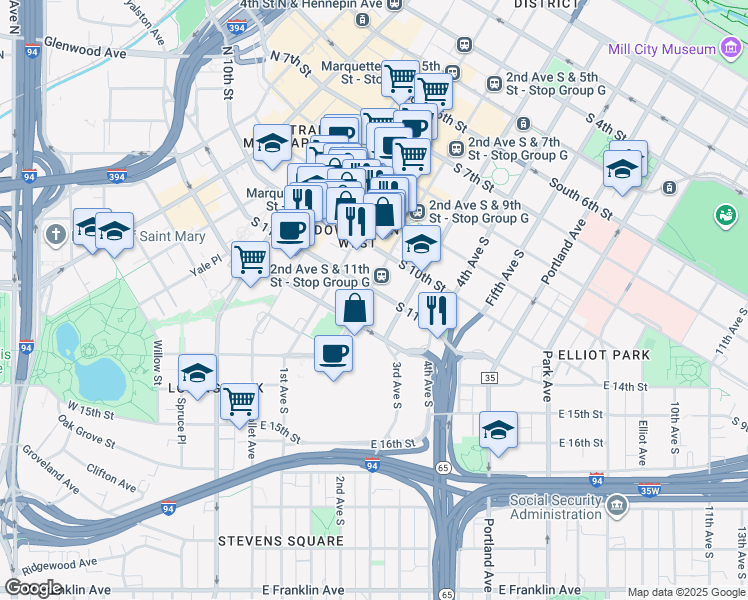 map of restaurants, bars, coffee shops, grocery stores, and more near 201 South 11th Street in Minneapolis