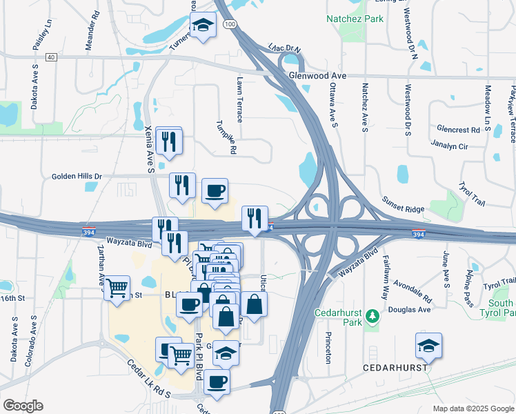 map of restaurants, bars, coffee shops, grocery stores, and more near 5050 West Wayzata Boulevard in Golden Valley
