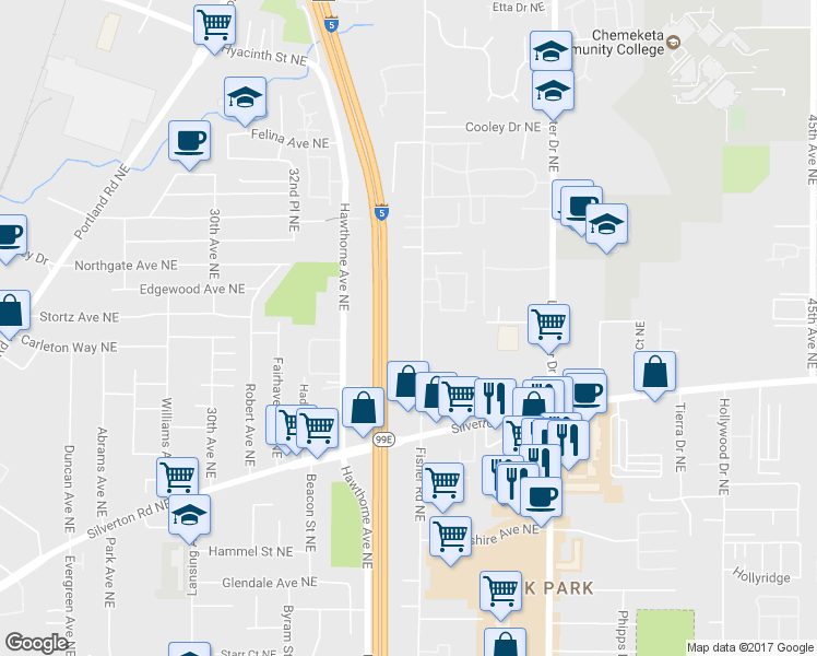 map of restaurants, bars, coffee shops, grocery stores, and more near 3573 Fisher Road Northeast in Salem