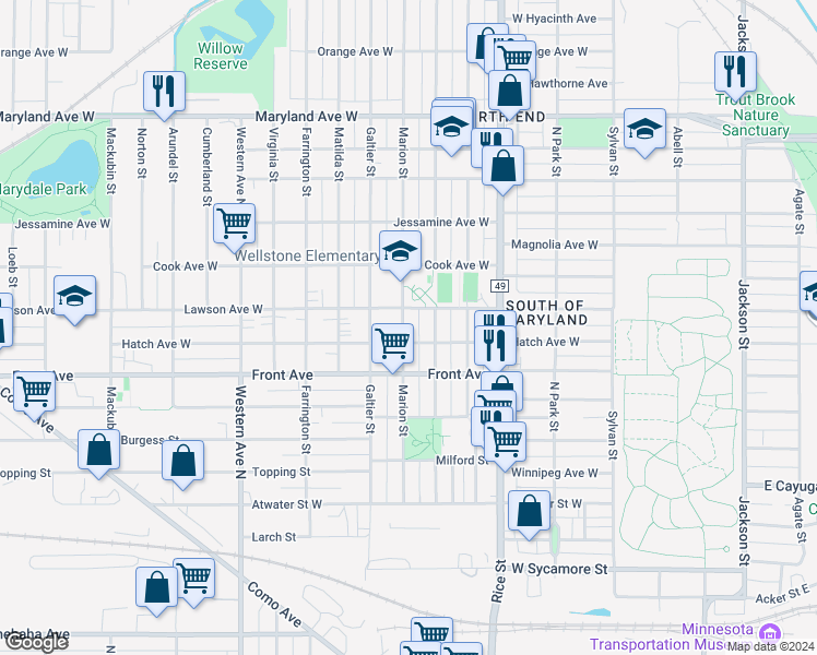 map of restaurants, bars, coffee shops, grocery stores, and more near 1002 Marion Street in Saint Paul