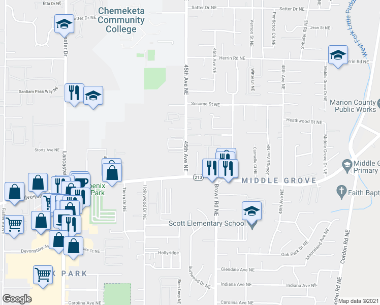 map of restaurants, bars, coffee shops, grocery stores, and more near 3616 45th Avenue Northeast in Salem