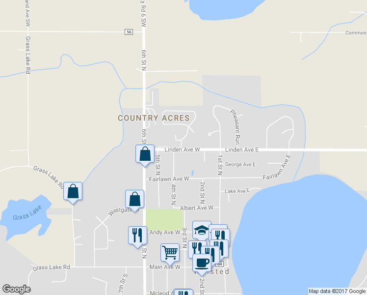 map of restaurants, bars, coffee shops, grocery stores, and more near 640 Northgate Drive in Winsted