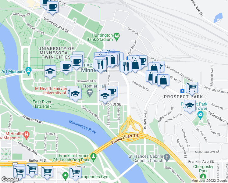 map of restaurants, bars, coffee shops, grocery stores, and more near 915 Essex St SE in Minneapolis