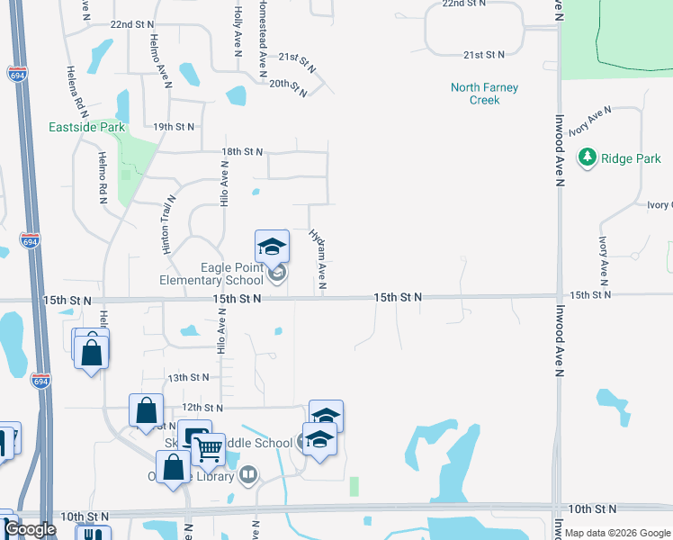 map of restaurants, bars, coffee shops, grocery stores, and more near 1569 Hydram Avenue Court North in Oakdale