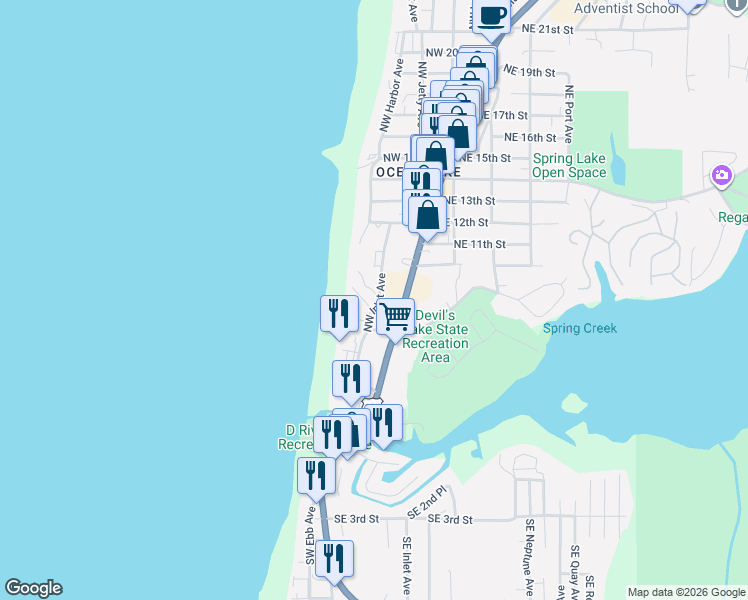 map of restaurants, bars, coffee shops, grocery stores, and more near 1170 Northwest 8th Street in Lincoln City