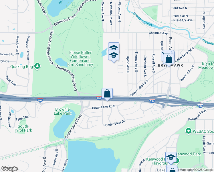 map of restaurants, bars, coffee shops, grocery stores, and more near 2850 North Wayzata Boulevard in Minneapolis