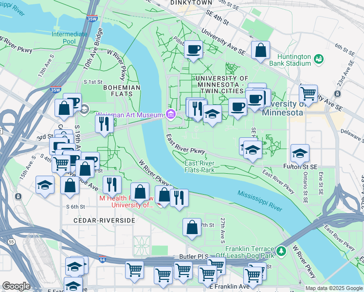 map of restaurants, bars, coffee shops, grocery stores, and more near 351 East River Parkway in Minneapolis