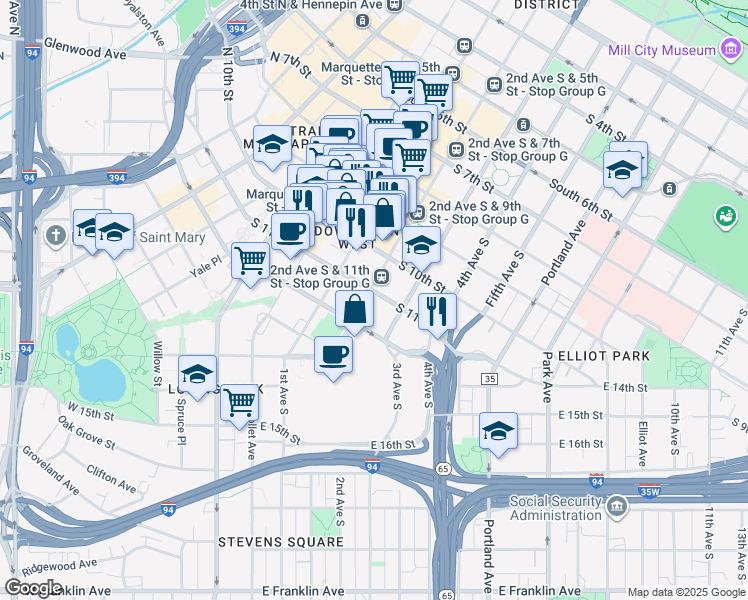 map of restaurants, bars, coffee shops, grocery stores, and more near 201 South 11th Street in Minneapolis