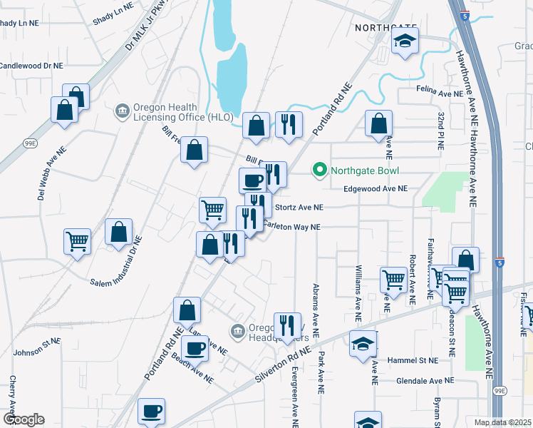 map of restaurants, bars, coffee shops, grocery stores, and more near 3502 Portland Road Northeast in Salem