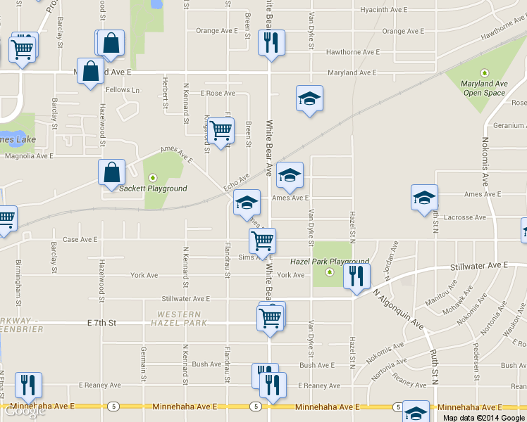 map of restaurants, bars, coffee shops, grocery stores, and more near 1009 White Bear Avenue in Saint Paul