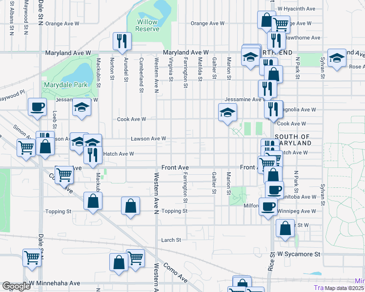map of restaurants, bars, coffee shops, grocery stores, and more near 1001 Farrington Street in Saint Paul