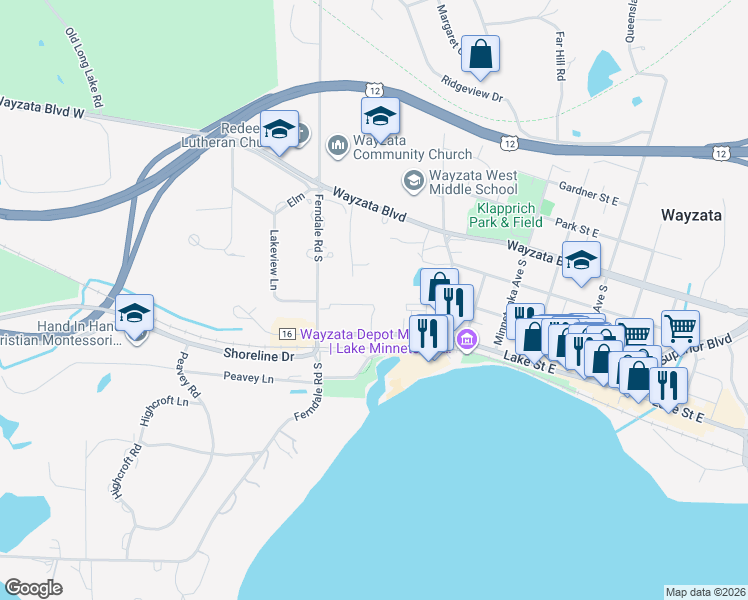 map of restaurants, bars, coffee shops, grocery stores, and more near 141 Edgewood Court in Wayzata