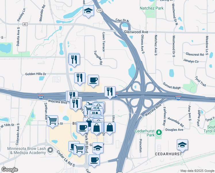 map of restaurants, bars, coffee shops, grocery stores, and more near 5100 Wayzata Boulevard in Golden Valley