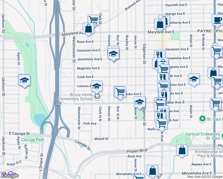 map of restaurants, bars, coffee shops, grocery stores, and more near 1006 Desoto Street in Saint Paul