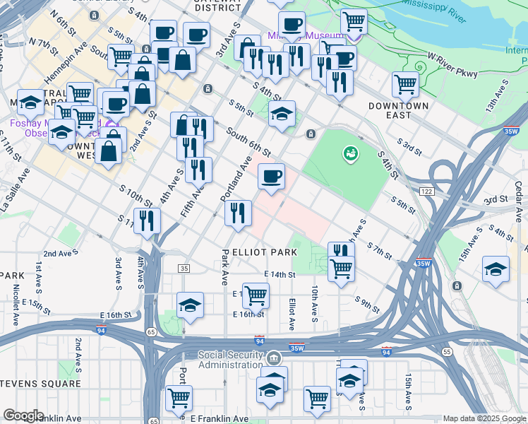 map of restaurants, bars, coffee shops, grocery stores, and more near 715 8th Street South in Minneapolis