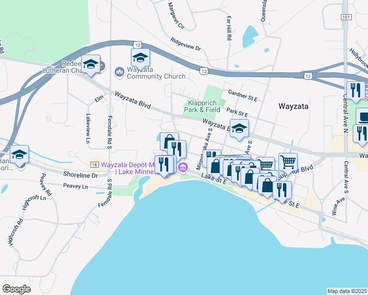 map of restaurants, bars, coffee shops, grocery stores, and more near 225 Manitoba Avenue in Wayzata